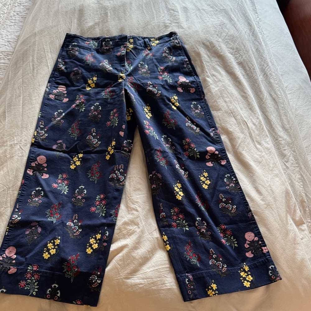 Talbots Navy Floral Print Pants with Pink and Yellow Accents